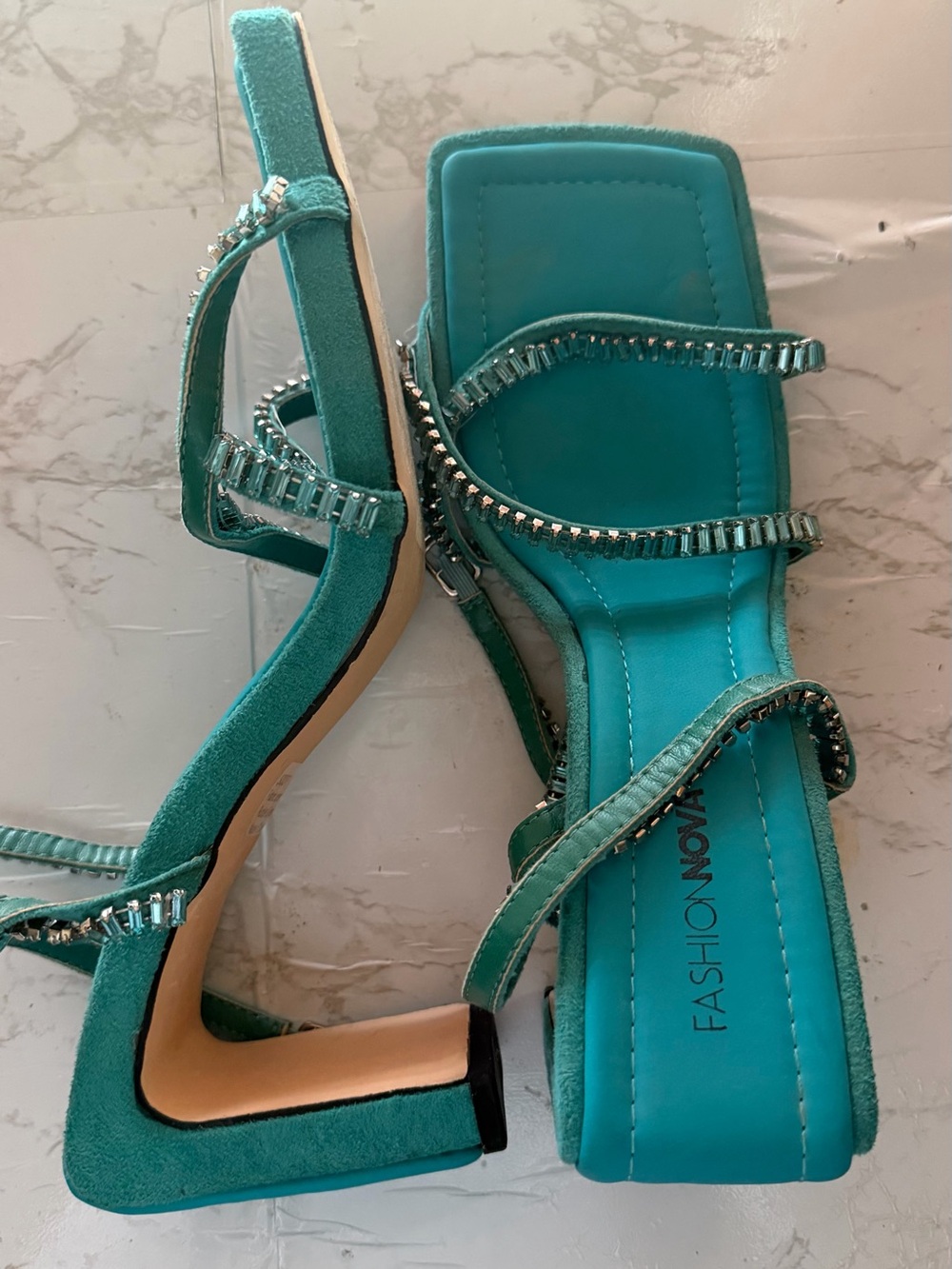 Fashion Nova Teal Crystal-Strap Square-Toe Heels
